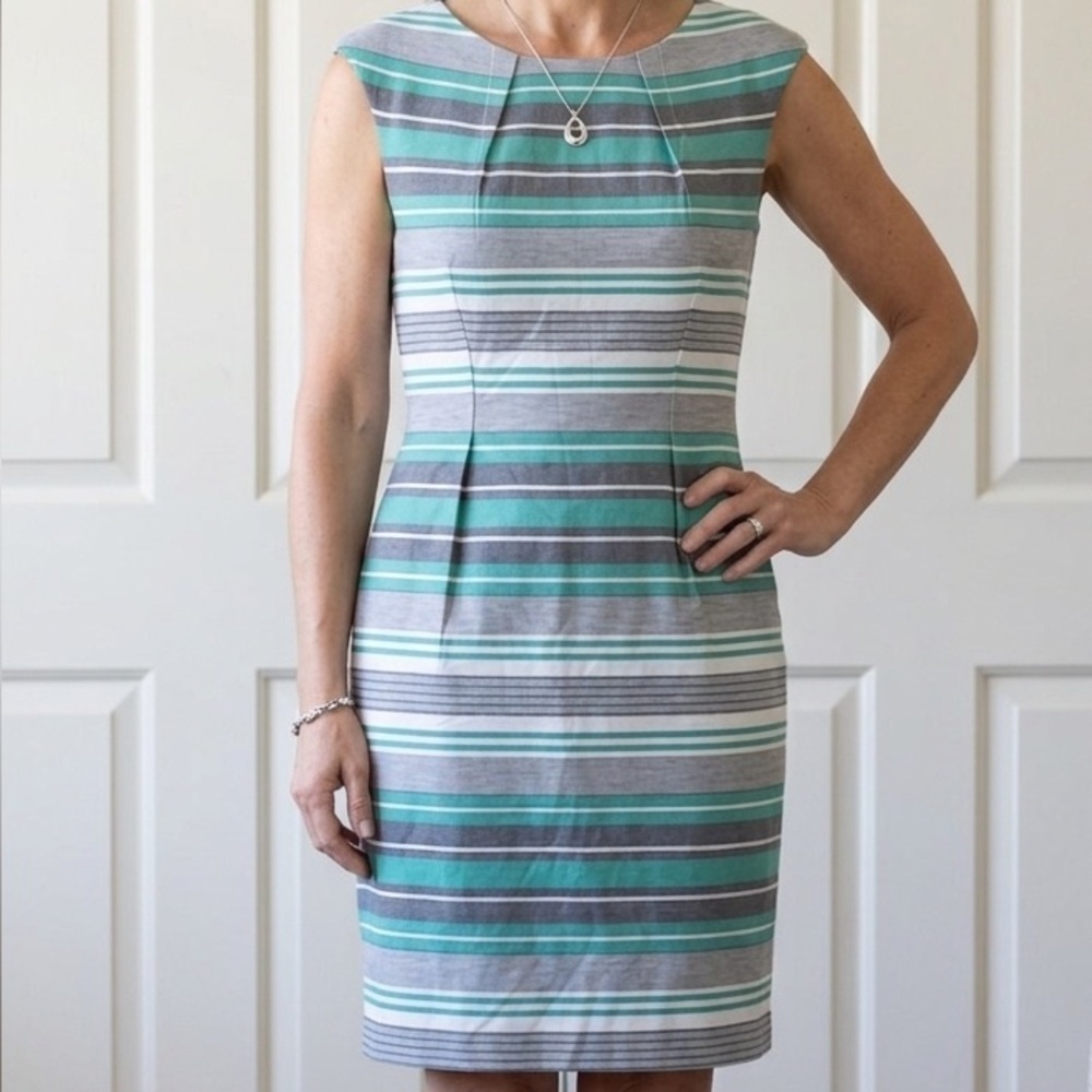CALVIN KLEIN Striped Midi Sheath Dress in Teal and Gray. Size 12